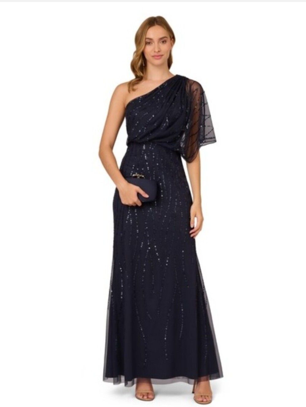 Nwt 16 $250 Adrianna Papell Dusty Nave One Shoulder Sequin Maxi Dress